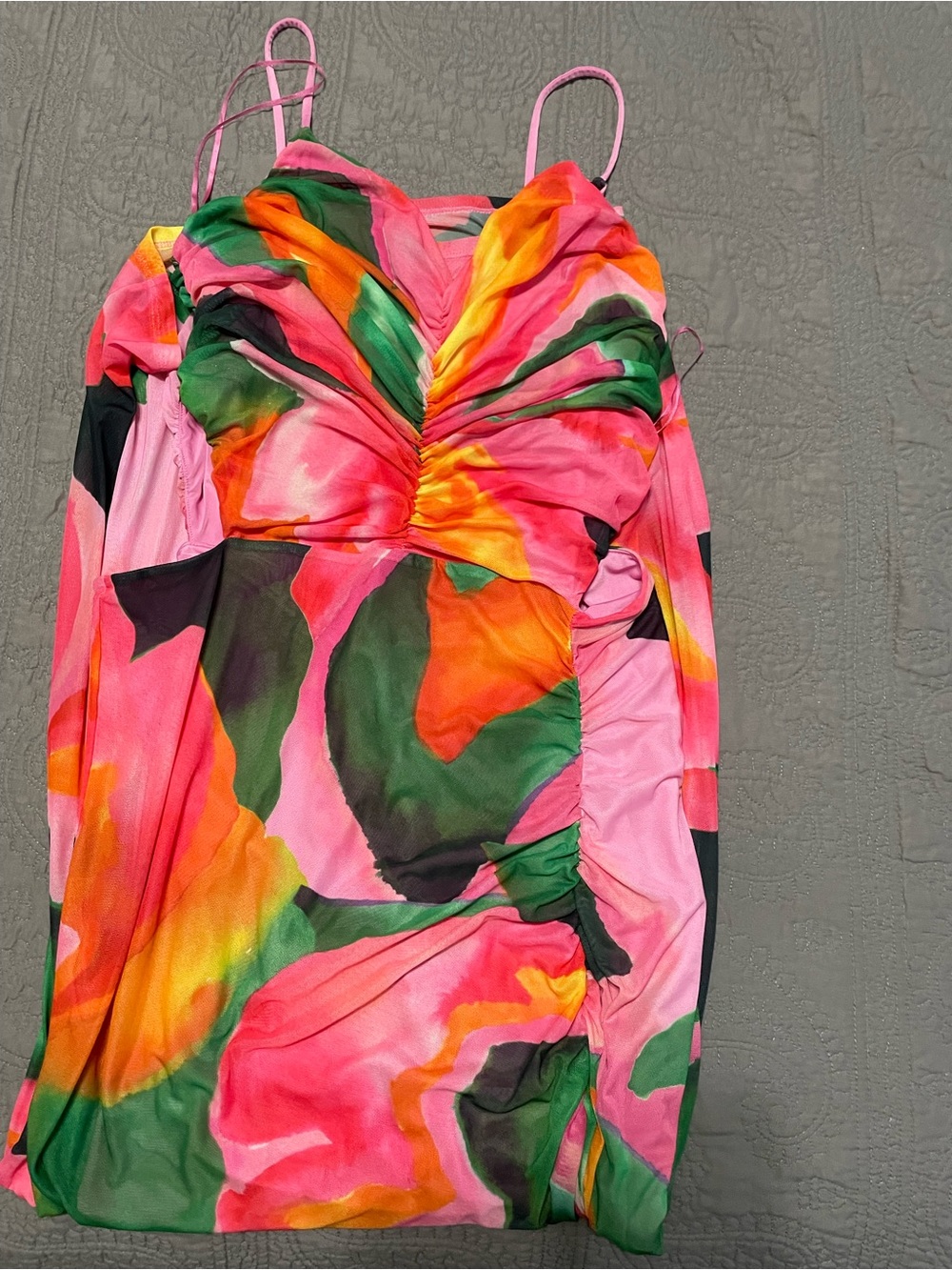 Express Pink Multicolor Ruched Spaghetti Strap Camisole Dress